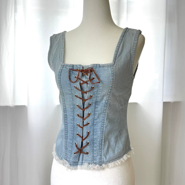 Y2K Blue Denim Lace Up Cowgirl Style Top&nbsp;