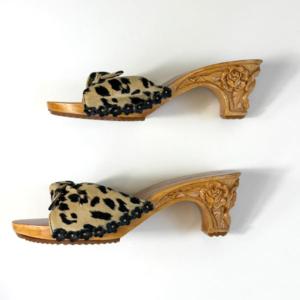 Betsey Johnson Animal Print Wooden Heel Mule Shoes