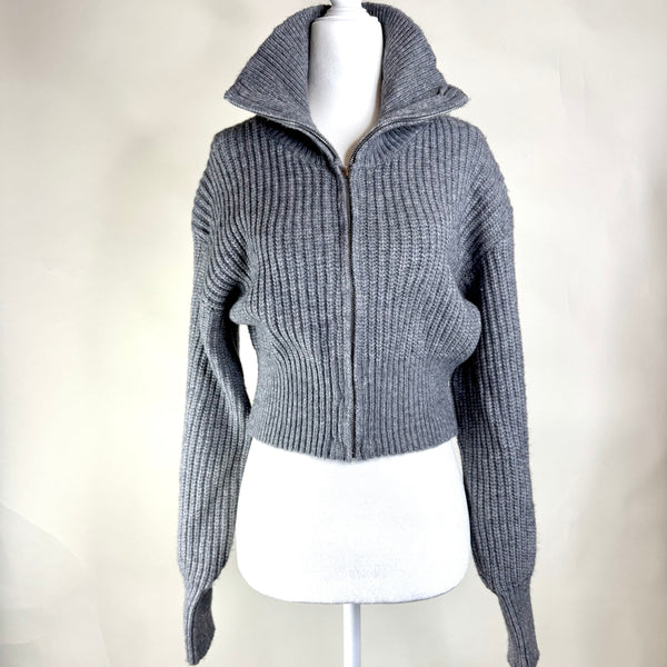 Gray Knit Collared Zip Up Sweater