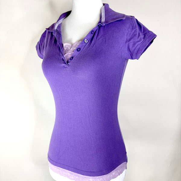 Purple Faux Double Layered Y2K Polo Lace Top
