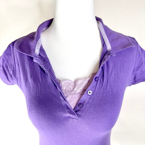 Purple Faux Double Layered Y2K Polo Lace Top