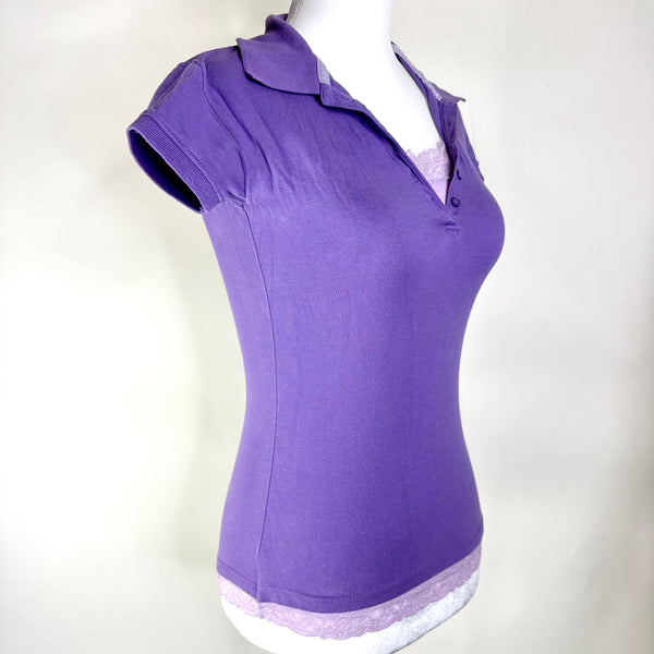 Purple Faux Double Layered Y2K Polo Lace Top
