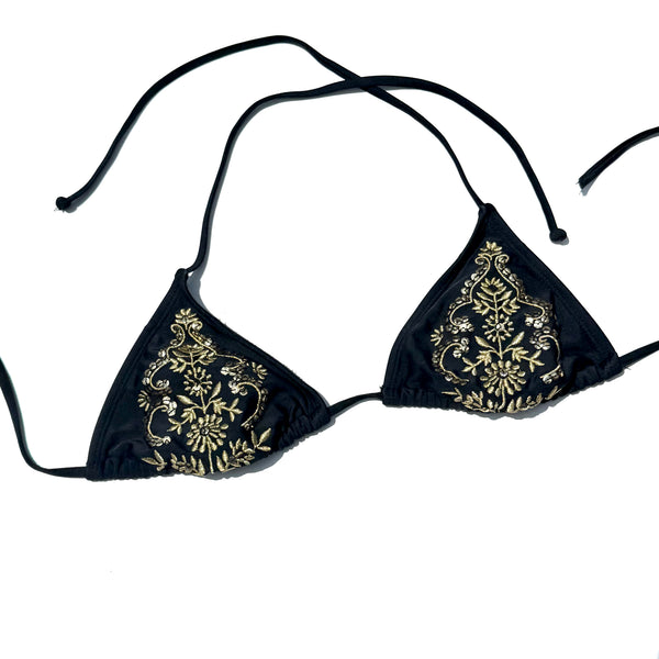 Black & Gold Embroidered Triangle Swimsuit Top