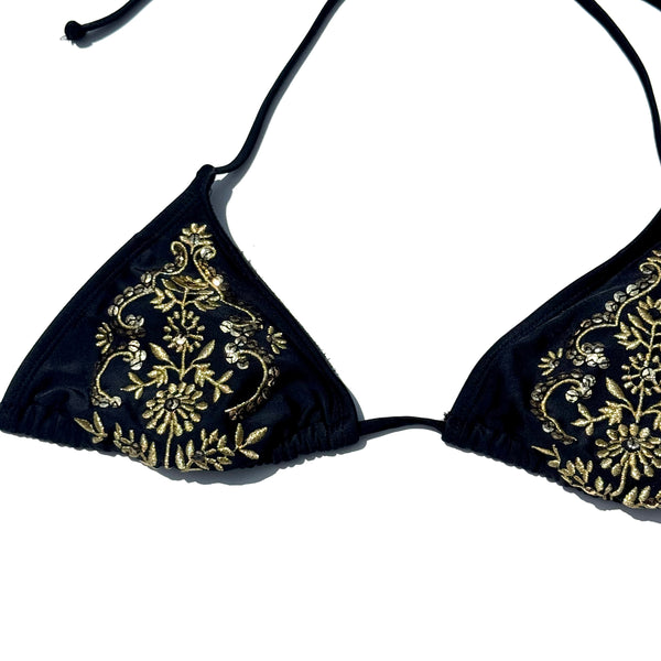Black & Gold Embroidered Triangle Swimsuit Top
