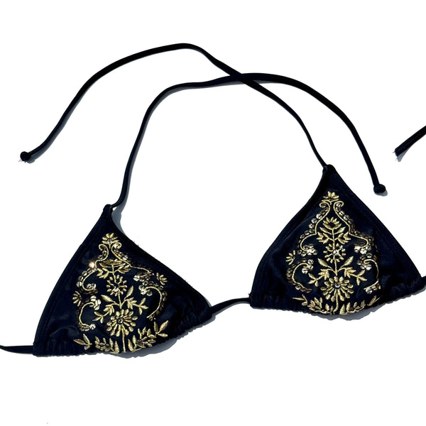 Black & Gold Embroidered Triangle Swimsuit Top