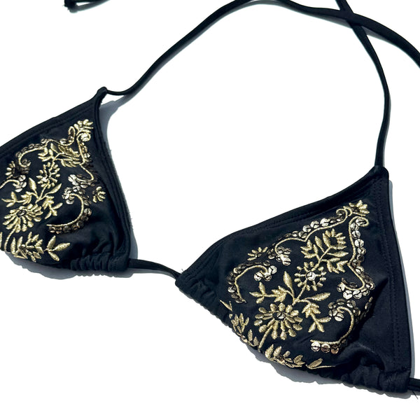Black & Gold Embroidered Triangle Swimsuit Top