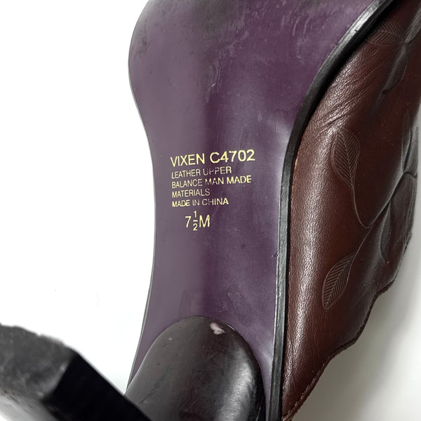 Leather Leaf Plant Print Vintage Brown Mules