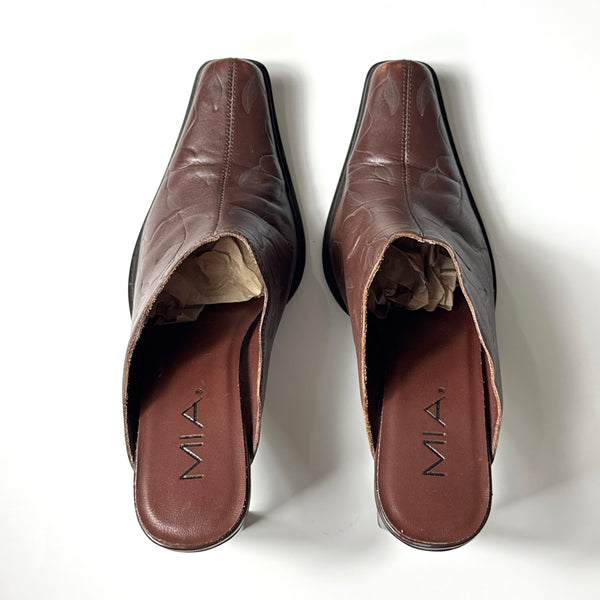 Leather Leaf Plant Print Vintage Brown Mules