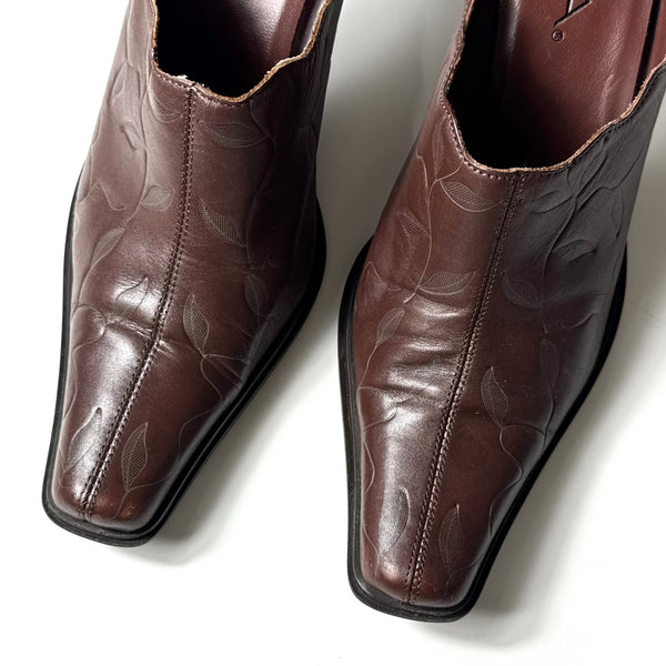 Leather Leaf Plant Print Vintage Brown Mules