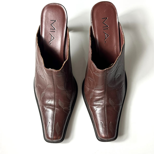 Leather Leaf Plant Print Vintage Brown Mules