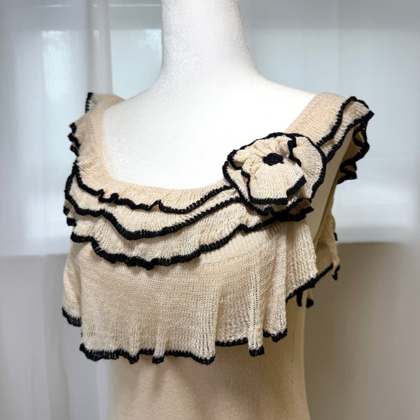 90s Style Silk Ruffle Floral Applique Top