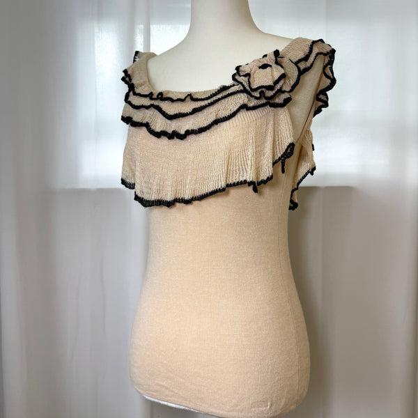 90s Style Silk Ruffle Floral Applique Top