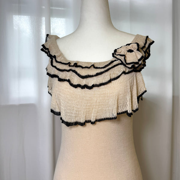 90s Style Silk Ruffle Floral Applique Top