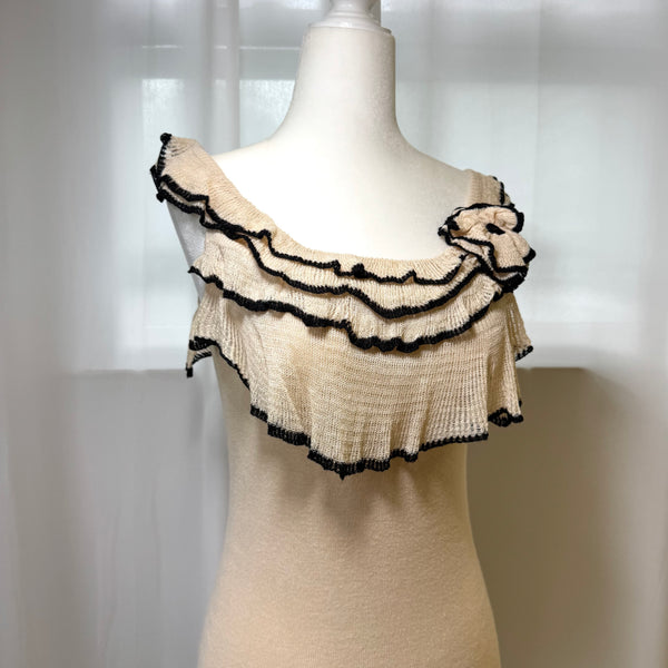90s Style Silk Ruffle Floral Applique Top