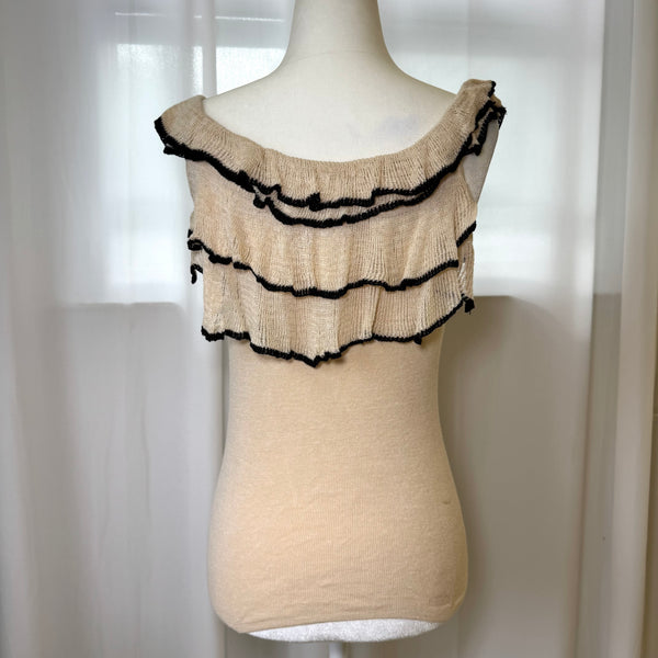 90s Style Silk Ruffle Floral Applique Top