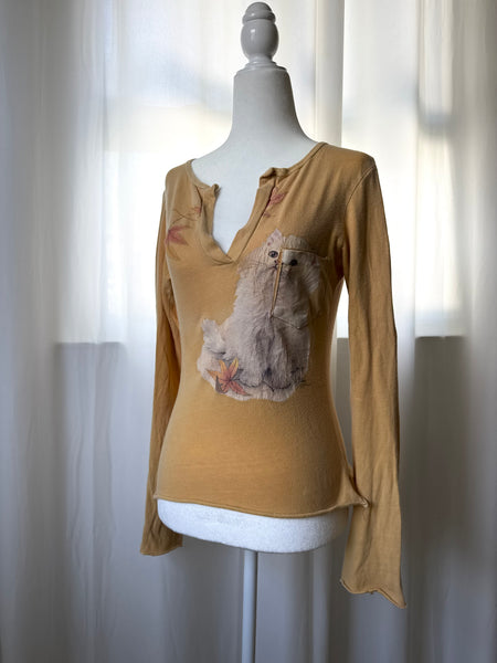 Bob Harrison Cat Painting Henley Style Mustard Yellow Top&nbsp;