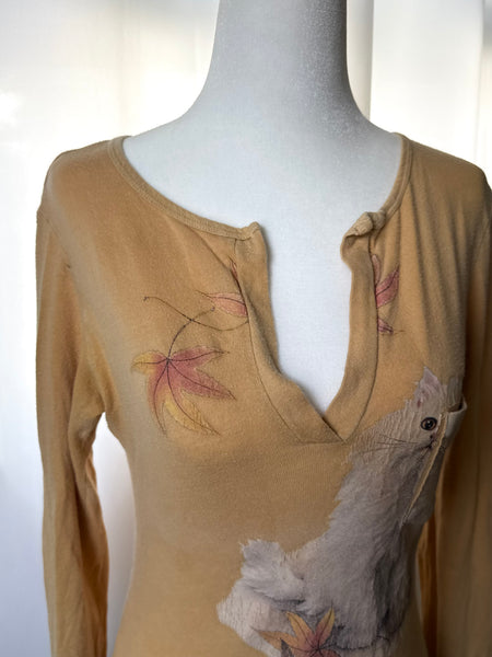 Bob Harrison Cat Painting Henley Style Mustard Yellow Top&nbsp;