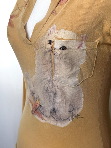 Bob Harrison Cat Painting Henley Style Mustard Yellow Top&nbsp;