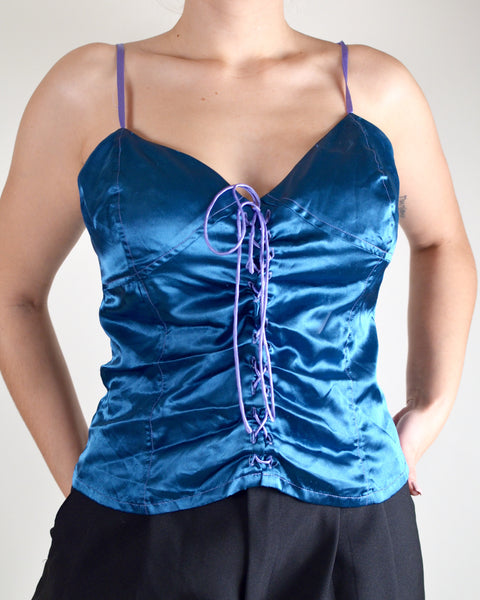 Turquoise Lace Up Satin Tank