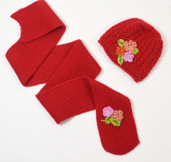 Red Knitted Hat & Scarf Matching Set