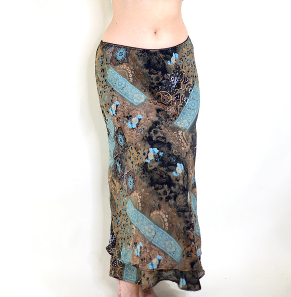 90s Does 70s Witchy Brown & Blue Maxi Skirt