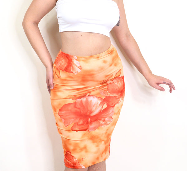 90s Y2K Orange Floral Midi Skirt