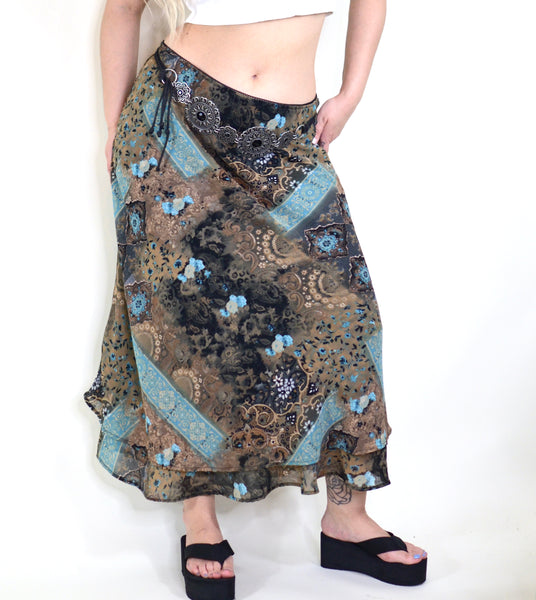 90s Does 70s Witchy Brown & Blue Maxi Skirt