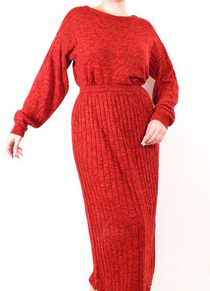 90s Vintage Red Skirt & Sweater Matching Set
