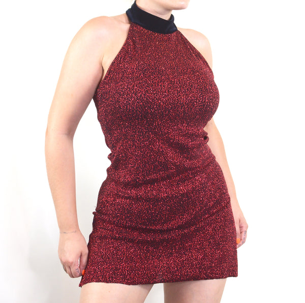 80s Sparkly Red Handmade Halter Mini Dress