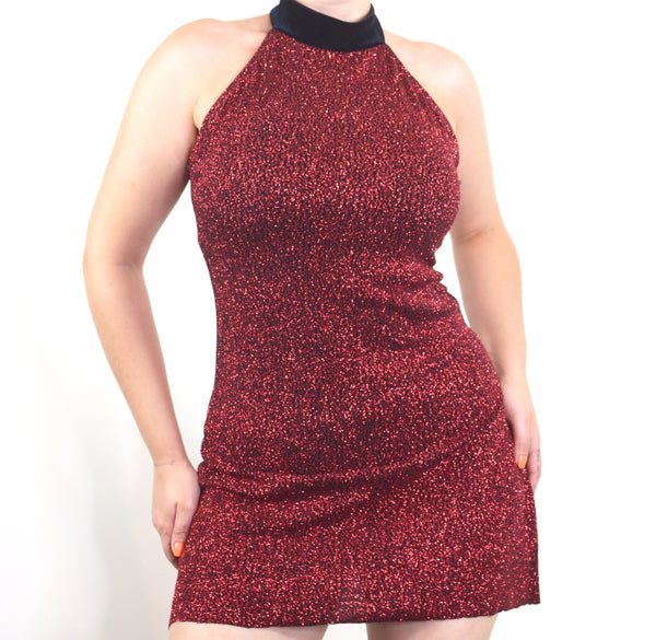 80s Sparkly Red Handmade Halter Mini Dress