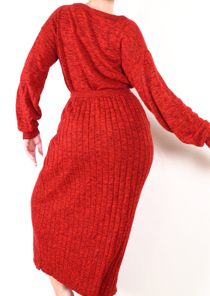 90s Vintage Red Skirt & Sweater Matching Set