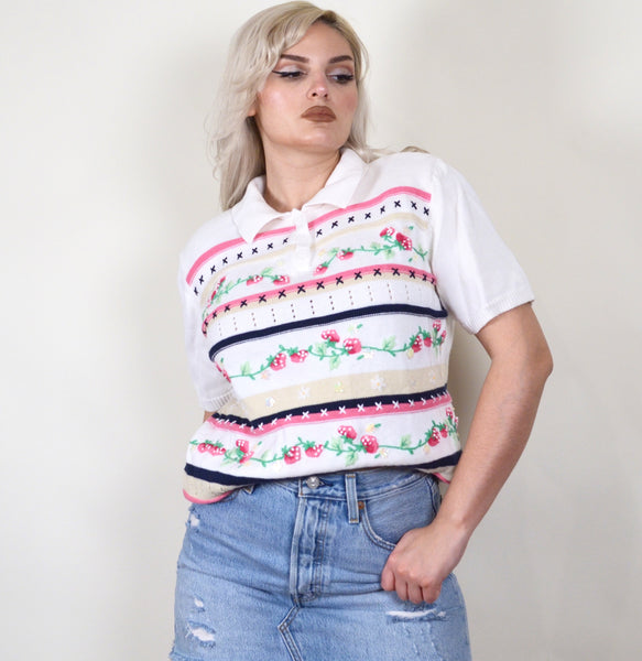 Vintage Strawberry & Sequin Patterned Knit Collared Top