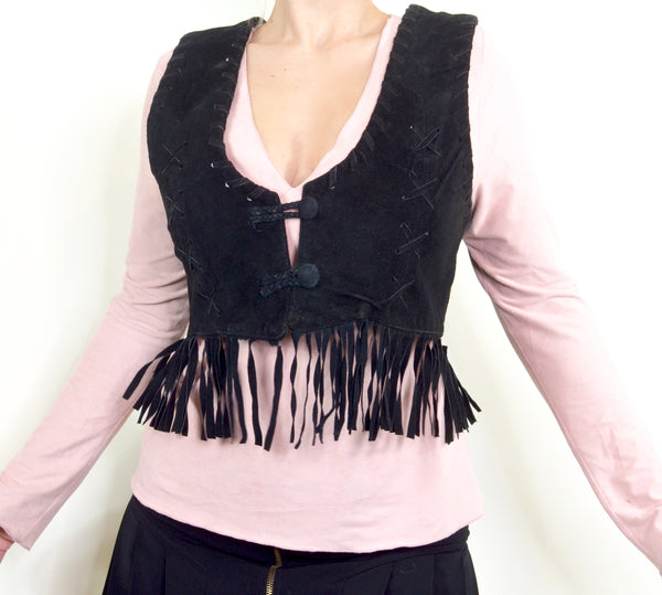 Black Suede 60s Style Fringe Vest