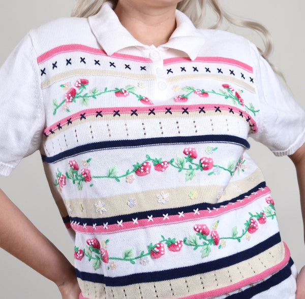Vintage Strawberry & Sequin Patterned Knit Collared Top