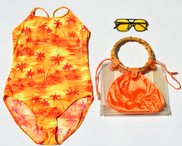 Orange Palm Tree Print One Piece Swimsuit