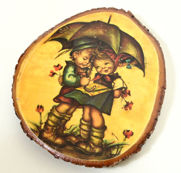 Hummel Boy & Girl Under Umbrella Wooden Vintage Painting