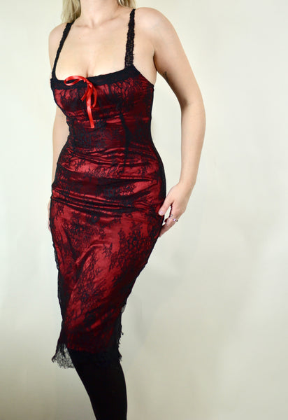 90s Style Black & Red Lace Romantic Midi Dress