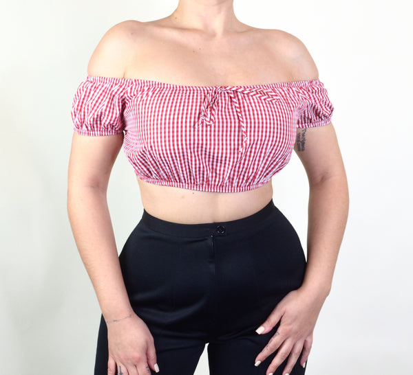 Red & White Gingham Print Off The Shoulder Top