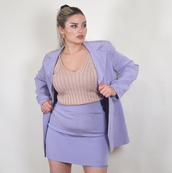 Lilac Silk 90s Two Piece Business Blazer & Skirt Matching Set