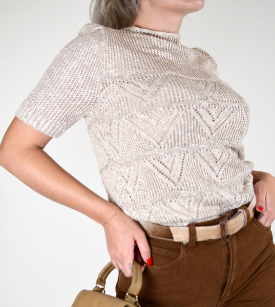 Beige Vintage Knitted Short Sleeve Top (M/L)