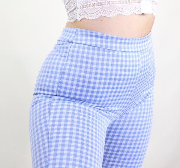 Purple And White Gingham Print Stretchy Capris