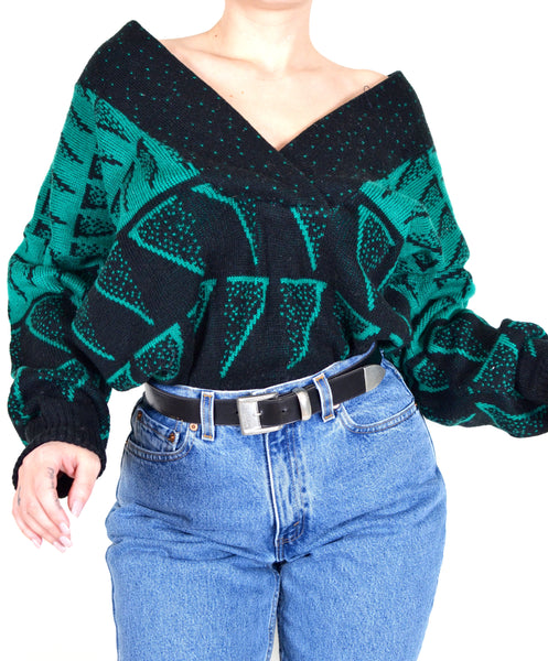 80s Green & Black Patterned Grandma Sweater