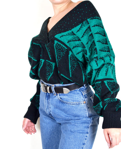 80s Green & Black Patterned Grandma Sweater