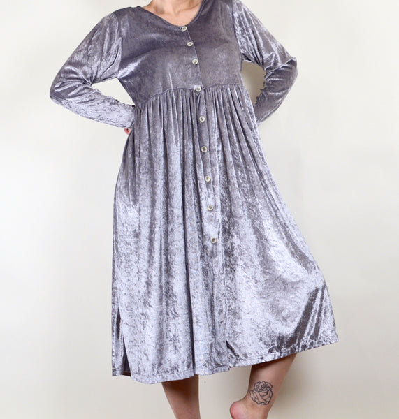 90s Gray Velvet Button Down Midi Dress (L/XL)