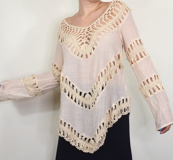 70s Style Crochet Beachy Boho Knit Sweater