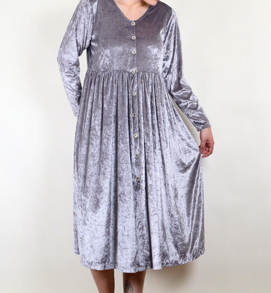 90s Gray Velvet Button Down Midi Dress (L/XL)