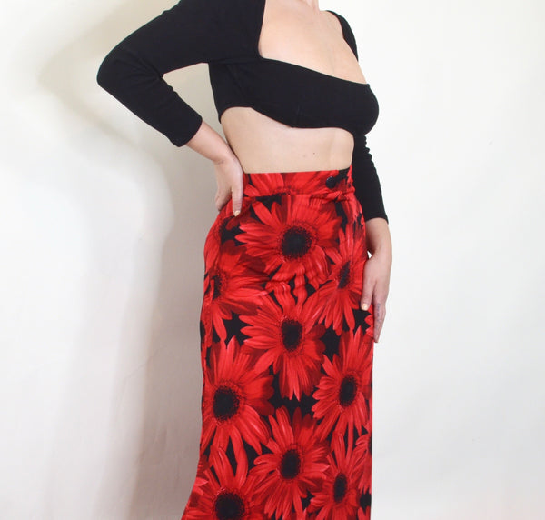 90s Black & Red Floral Maxi Skirt
