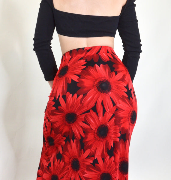 90s Black & Red Floral Maxi Skirt