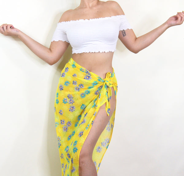 90s Yellow Floral Mesh Beach Cover Up Sarong