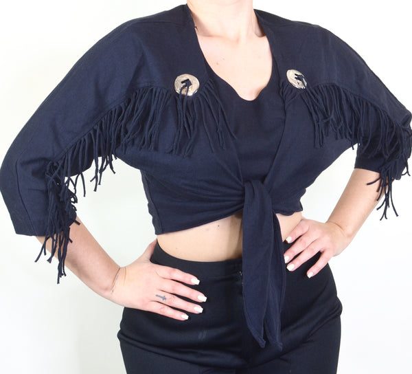 80s Cowgirl Biker Style Fringe Cropped Top